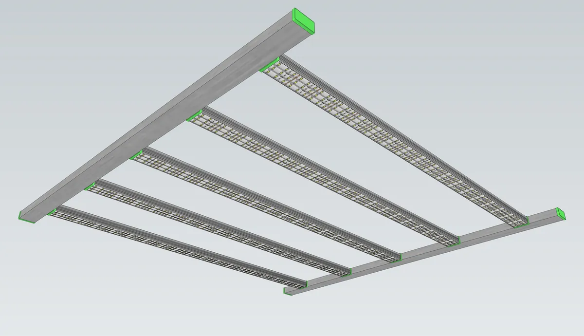 Design render of a frame of dimmable LED grow-light bars