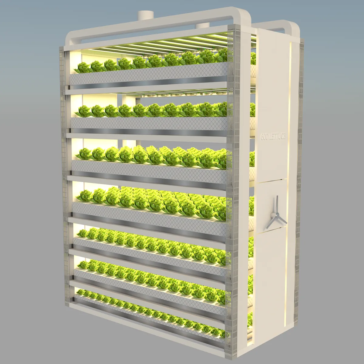 Design render of the Interfarm seven-tier growing module with plants on every tier